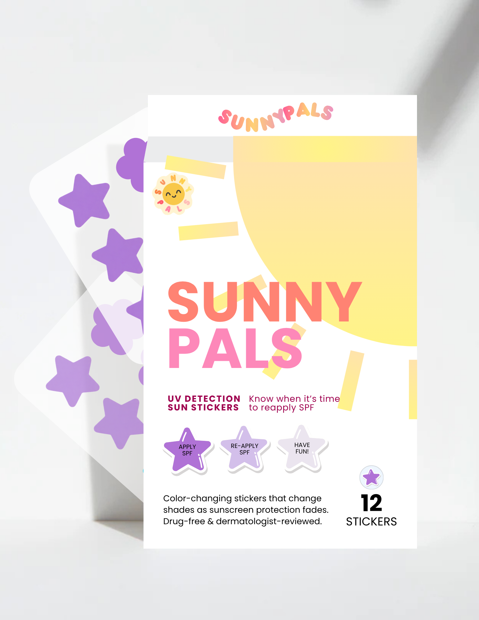 SunnyPals UV Detection Stickers 12 Pack - Purple Stars & Flowers SunnyPals