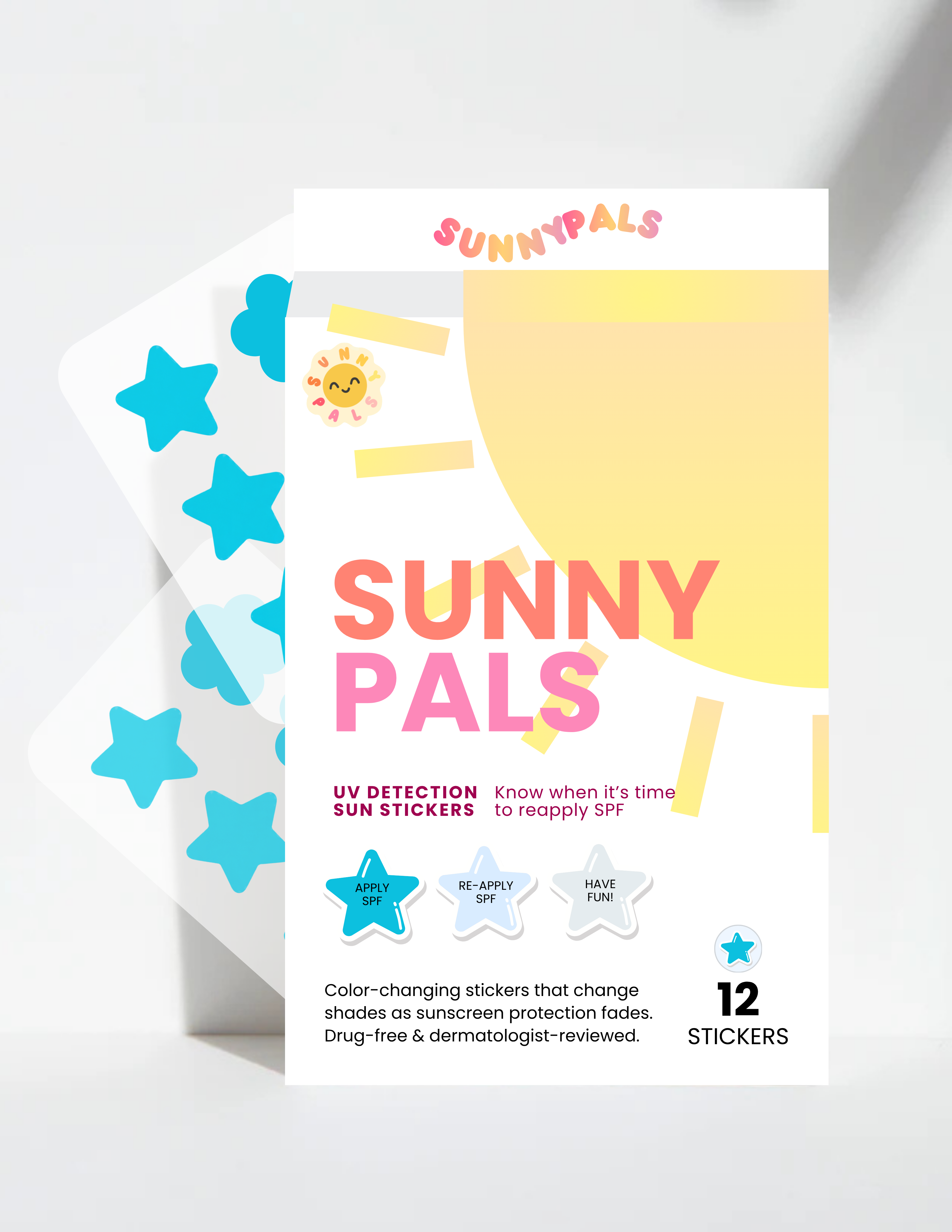 SunnyPals UV Detection Stickers 12 Pack - Blue Stars & Flowers SunnyPals