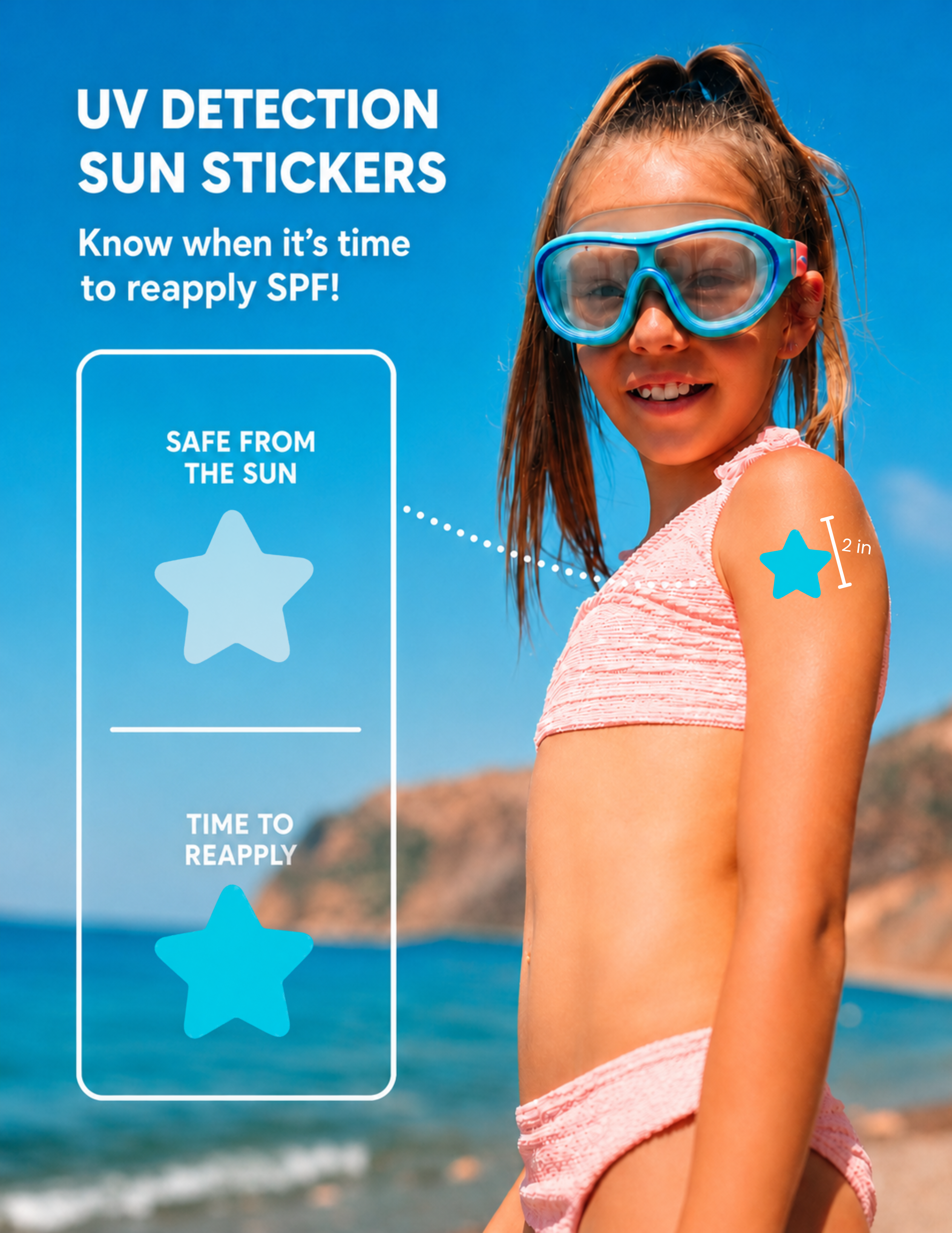 SunnyPals UV Detection Stickers 12 Pack - Blue Stars & Flowers SunnyPals