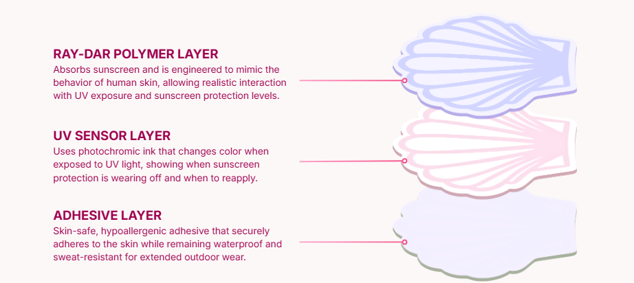 Diagram of a Ray-Dar polymer layer with UV sensor and adhesive layers on a white background.